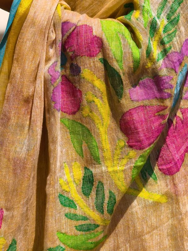 Linen Jamdani Saree, Handwoven Linen Saree, Musk Melon Linen Saree, Melon Shade Saree, Linen saree, Saree for women, Saree for summer
