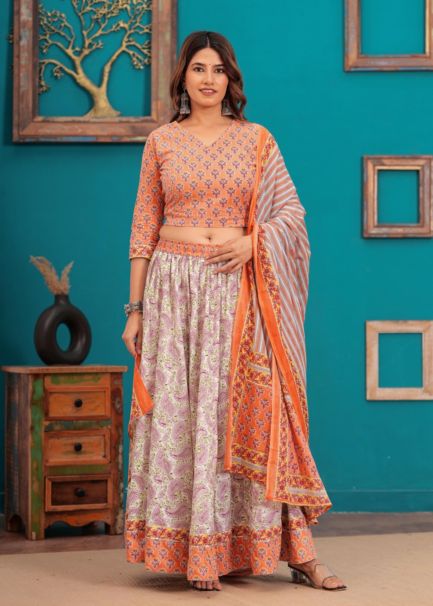 Peach Lehenga Set, peach pastel Lehenga, Navratri Lehenga sets, Navratra Lehenga, Ranga Chakra, Pure cotton Lehenga, Festive Special Lehenga, Durga Puja Lehenga collection