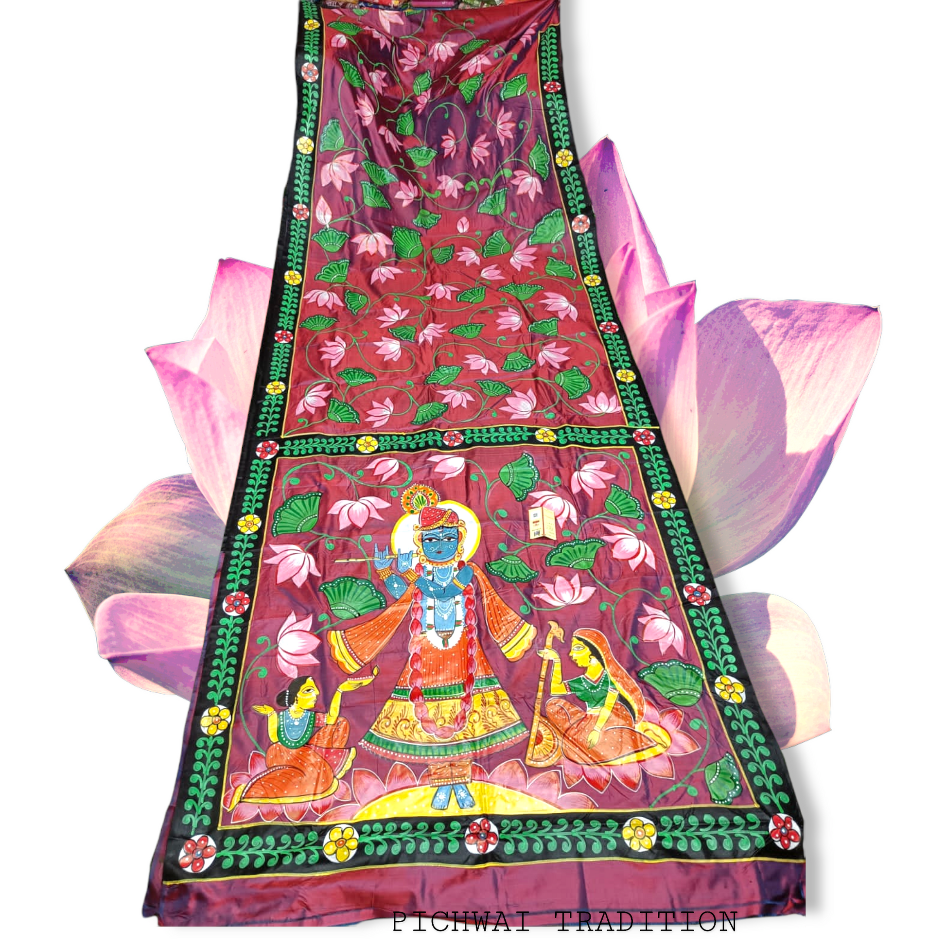 Hand-painted Pattachitra silk saree with Krishna Leela design and floral motifs.