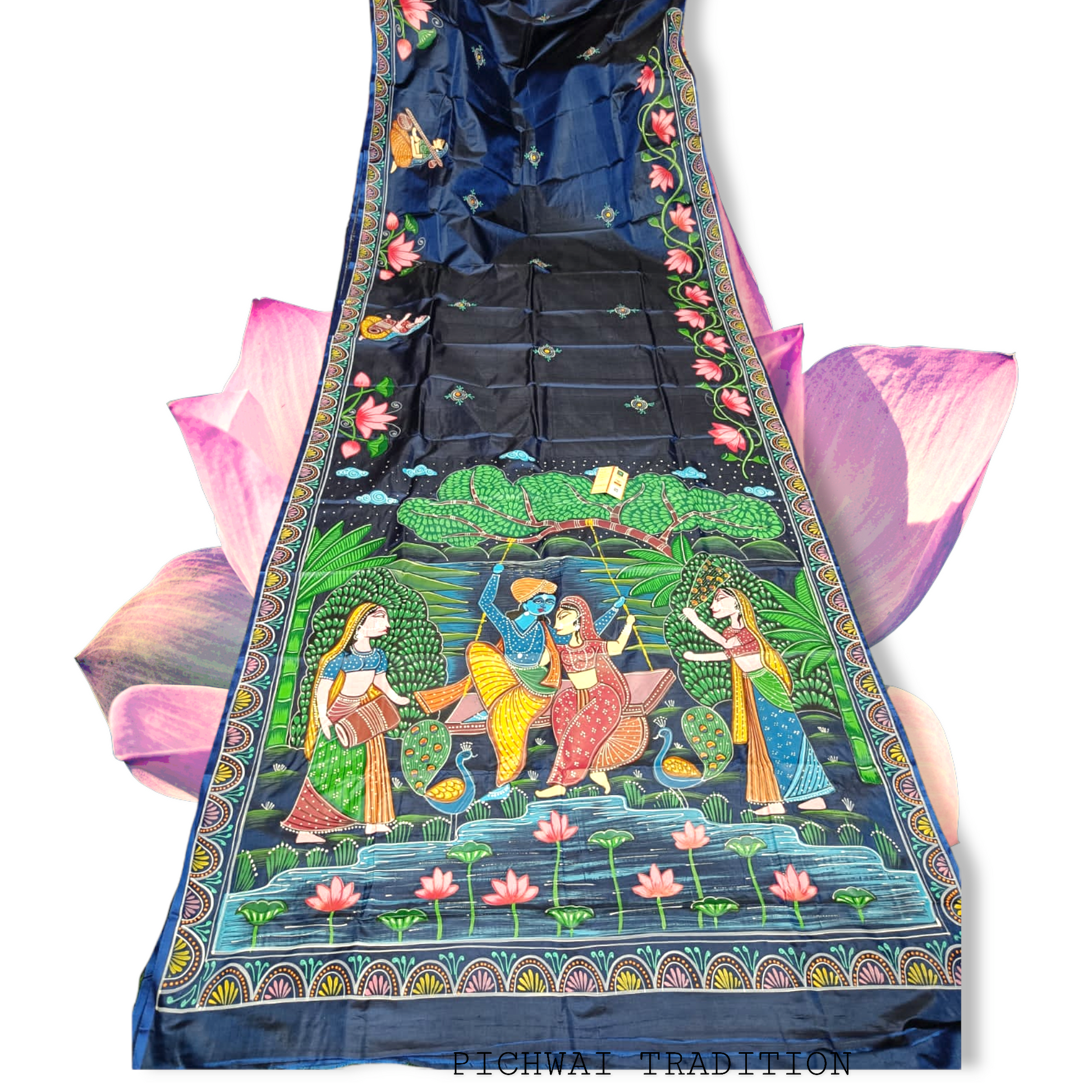 Hand-painted silk saree with Krishna Leela Pattachitra art, featuring floral borders and vibrant colors.