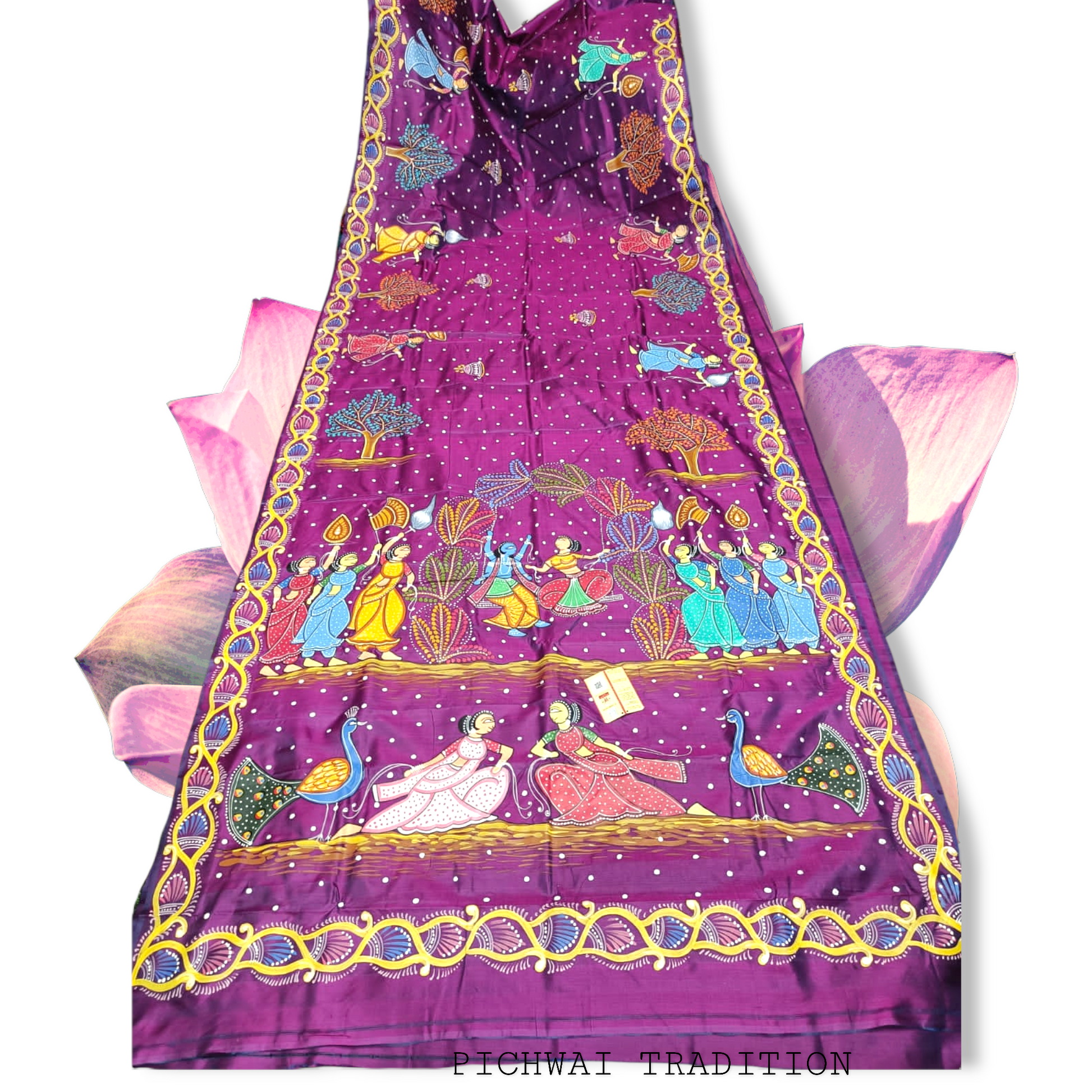 Hand-painted purple silk saree with Pichwai tradition design featuring figures, peacocks, and floral border.