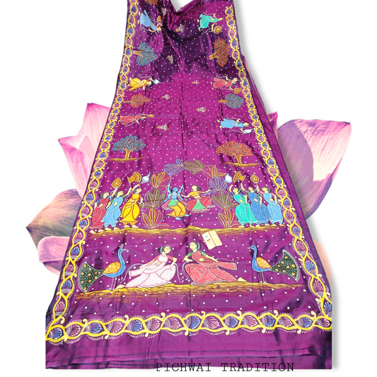 Hand-painted purple silk saree with Pichwai tradition design featuring figures, peacocks, and floral border.