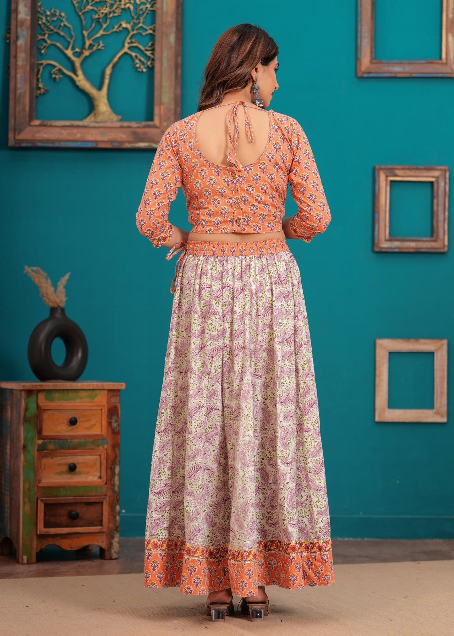 Peach Lehenga Set, peach pastel Lehenga, Navratri Lehenga sets, Navratra Lehenga, Ranga Chakra, Pure cotton Lehenga, Festive Special Lehenga, Durga Puja Lehenga collection