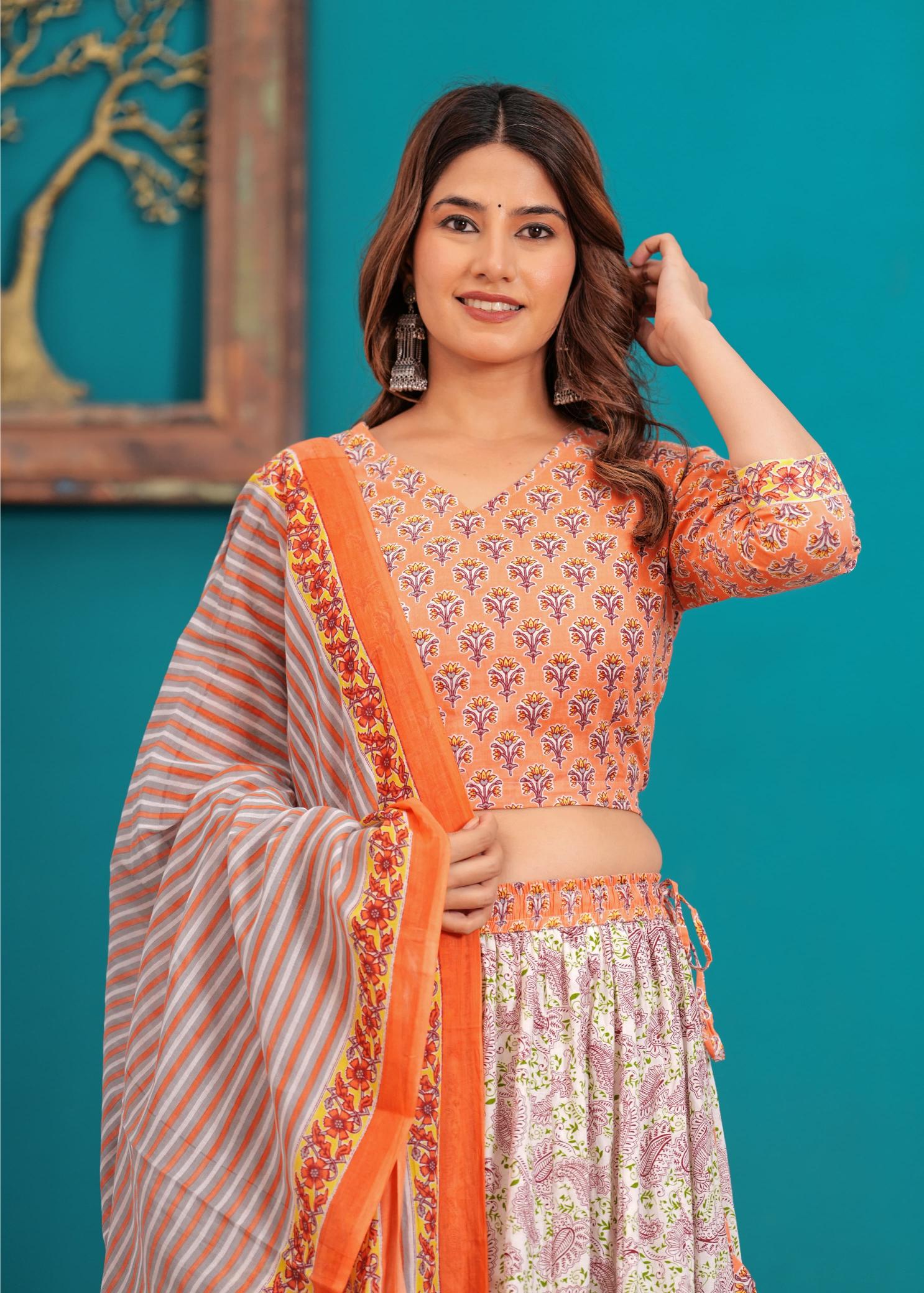 Peach Lehenga Set, peach pastel Lehenga,  Navratri Lehenga sets, Navratra Lehenga, Ranga Chakra,  Pure cotton Lehenga, Festive Special Lehenga, Durga Puja Lehenga collection