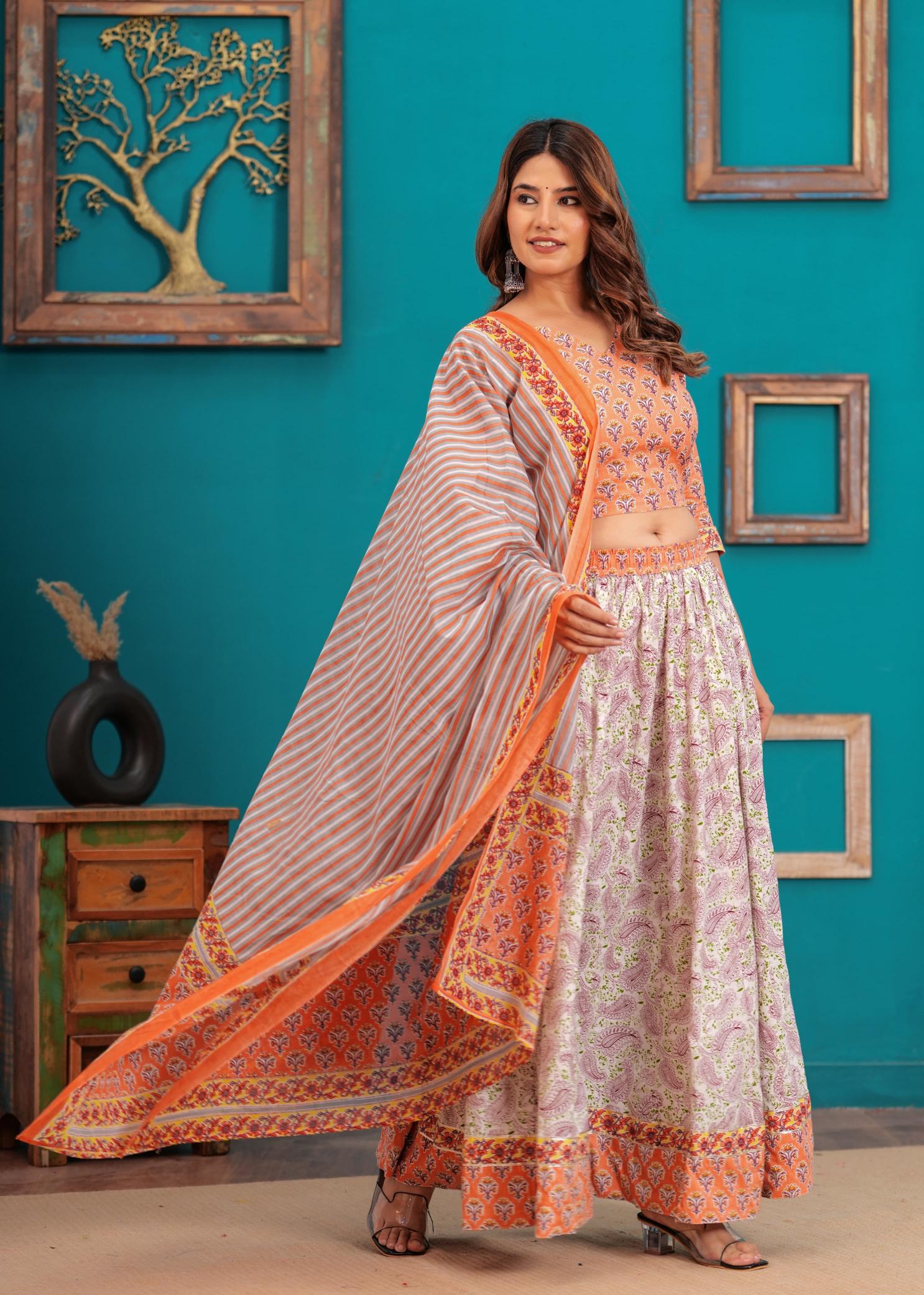 Peach Lehenga Set, peach pastel Lehenga,  Navratri Lehenga sets, Navratra Lehenga, Ranga Chakra,  Pure cotton Lehenga, Festive Special Lehenga, Durga Puja Lehenga collection