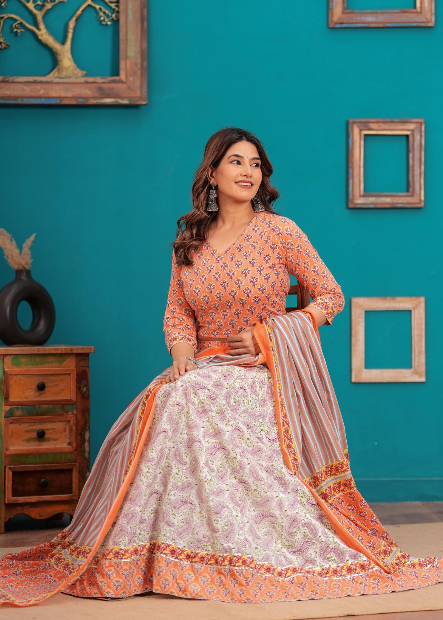 Peach Lehenga Set, peach pastel Lehenga,  Navratri Lehenga sets, Navratra Lehenga, Ranga Chakra,  Pure cotton Lehenga, Festive Special Lehenga, Durga Puja Lehenga collection