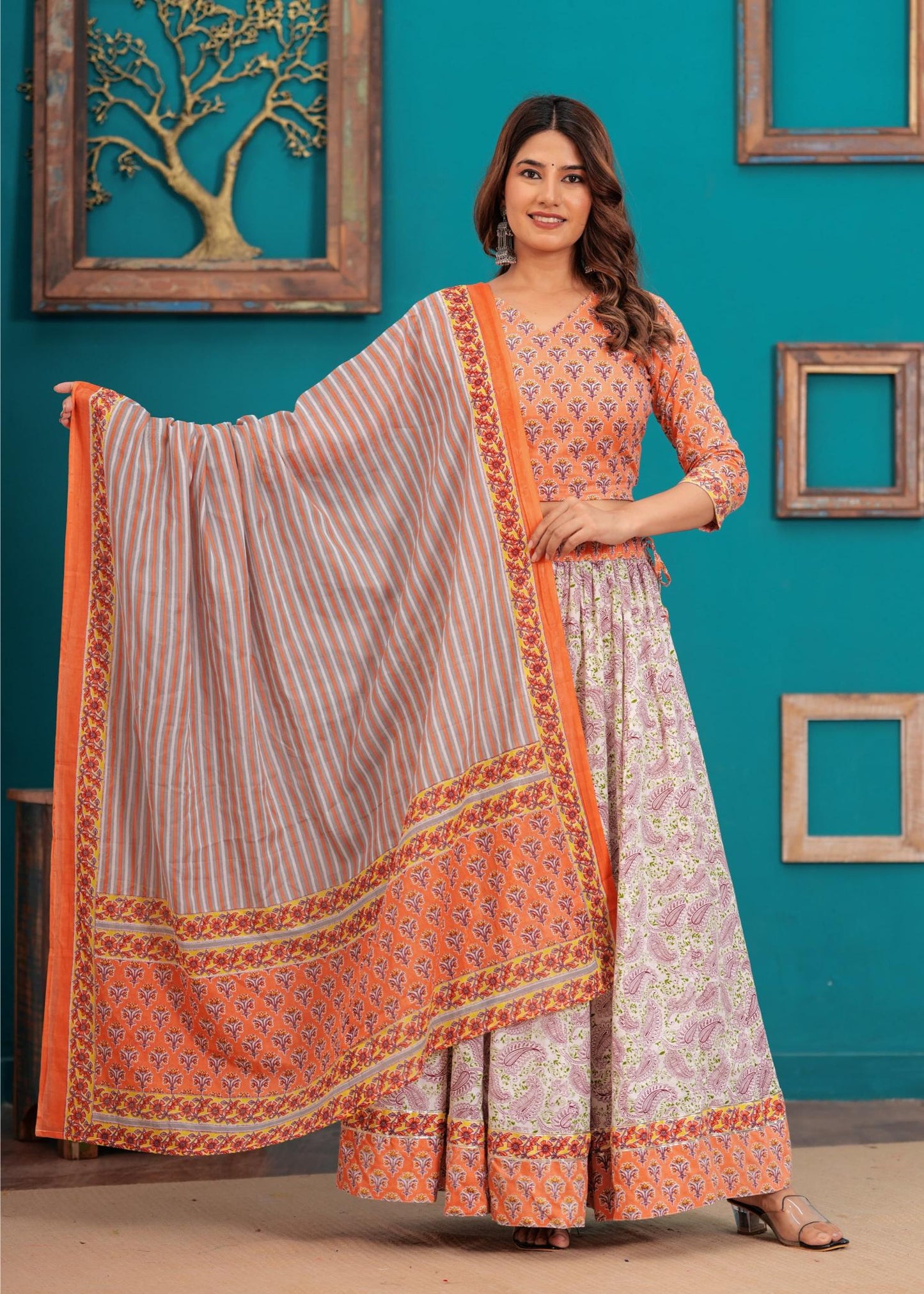 Peach Lehenga Set, peach pastel Lehenga, Navratri Lehenga sets, Navratra Lehenga, Ranga Chakra, Pure cotton Lehenga, Festive Special Lehenga, Durga Puja Lehenga collection