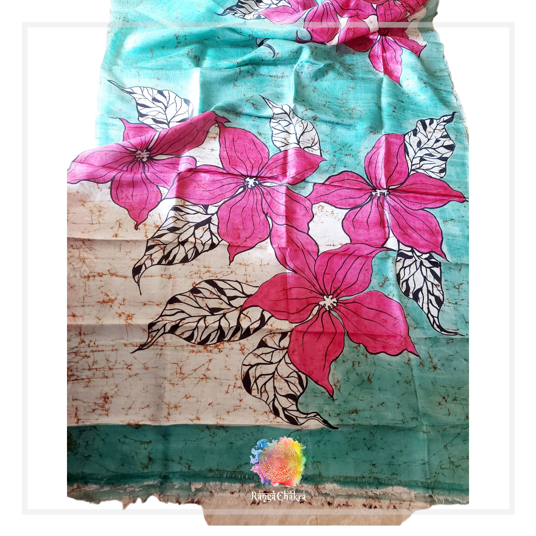 Hand-painted batik silk saree featuring pink floral design