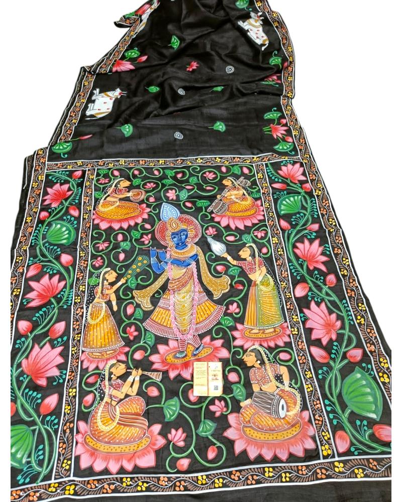Pichwai Silk Saree , painted sarees, hand painting sarees, painting sarees online, hand painted floral sarees, painting saree, floral hand painted saree, painted saree, designer hand painted sarees, hand painted sarees india, hand painted silk sarees