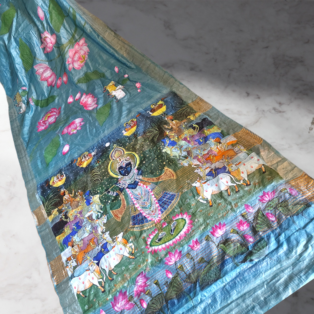 Pichwai saree, Pichwai Tussar Silk Hand painted Saree, Handpainted Pichwai cow tussar Silk Saree tussar Silk Saree , Hand painted Pichwai Silk Saree, Blue Hand Painted Tussar Silk Saree, Hand painted pichwai cow Silk Saree tussar Silk Saree ,Hand painted Silk Saree,blue Mulberry  silk saree,hand painted pichwai sarees, Pichwai Silk sarees, Shree krishna Painted saree, Krishna Painted saree