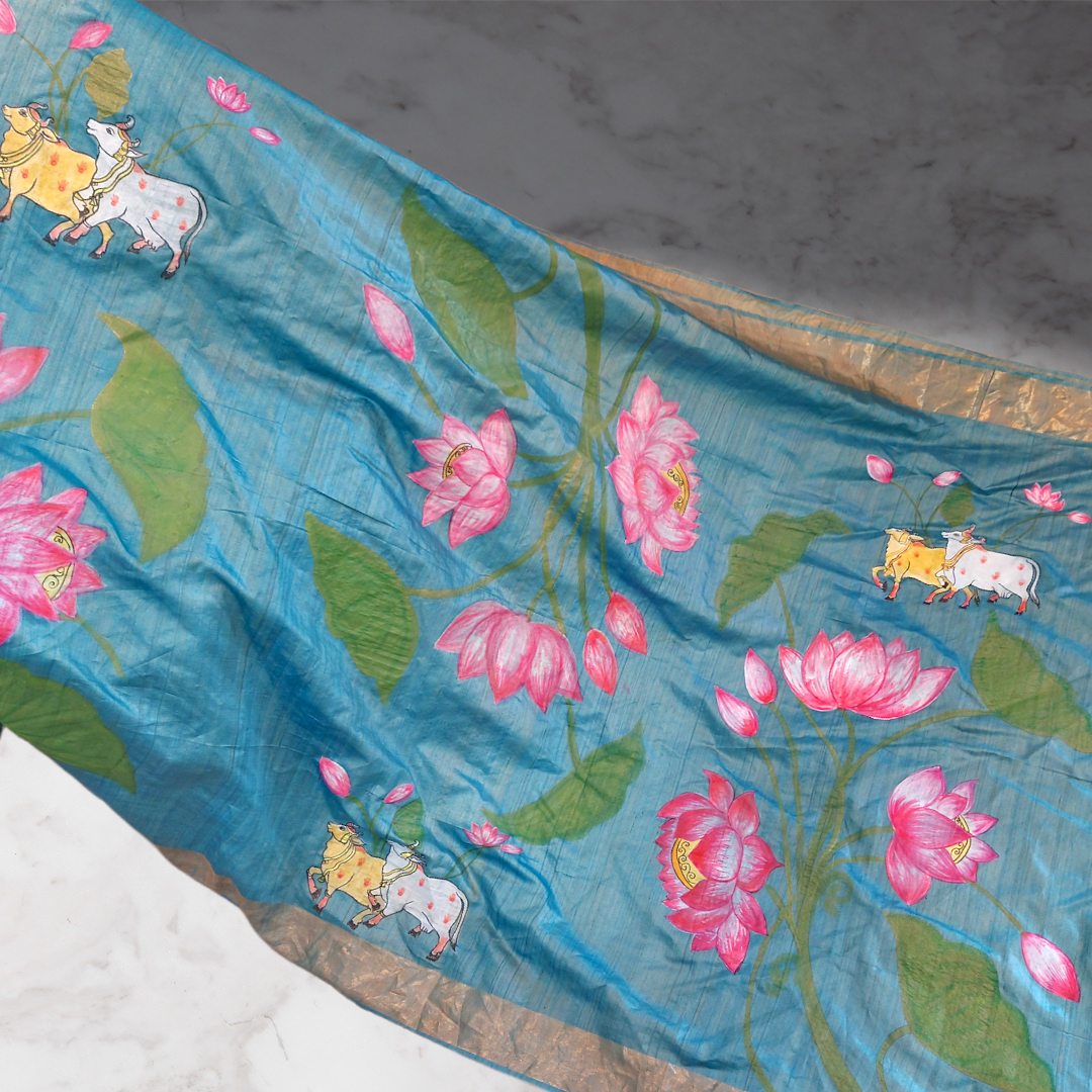 Pichwai saree, Pichwai Tussar Silk Hand painted Saree, Handpainted Pichwai cow tussar Silk Saree tussar Silk Saree , Hand painted Pichwai Silk Saree, Blue Hand Painted Tussar Silk Saree, Hand painted pichwai cow Silk Saree tussar Silk Saree ,Hand painted Silk Saree,blue Mulberry silk saree,hand painted pichwai sarees, Pichwai Silk sarees, Shree krishna Painted saree, Krishna Painted saree