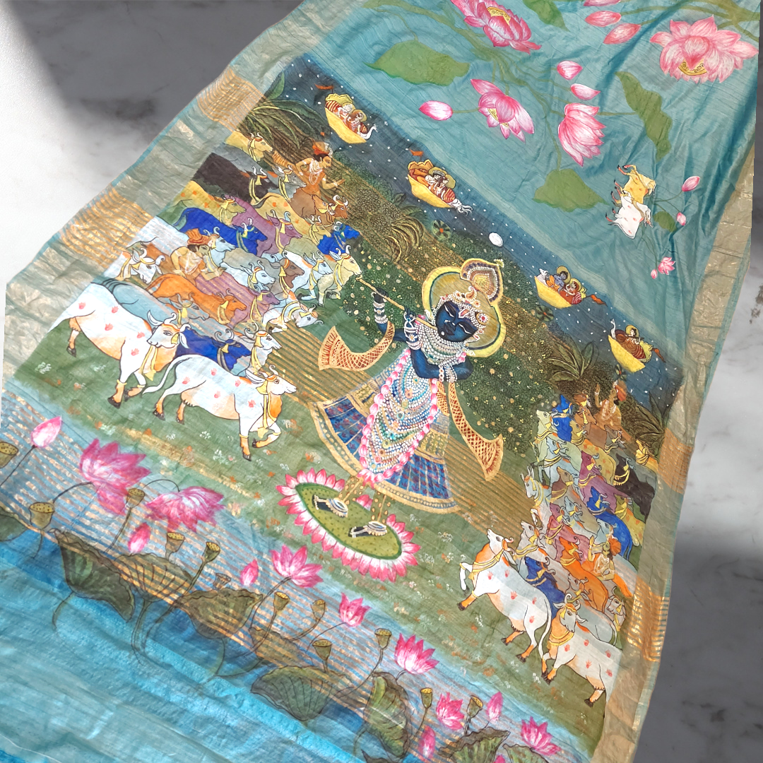 Pichwai saree, Pichwai Tussar Silk Hand painted Saree, Handpainted Pichwai cow tussar Silk Saree tussar Silk Saree , Hand painted Pichwai Silk Saree, Blue Hand Painted Tussar Silk Saree, Hand painted pichwai cow Silk Saree tussar Silk Saree ,Hand painted Silk Saree,blue Mulberry silk saree,hand painted pichwai sarees, Pichwai Silk sarees, Shree krishna Painted saree, Krishna Painted saree