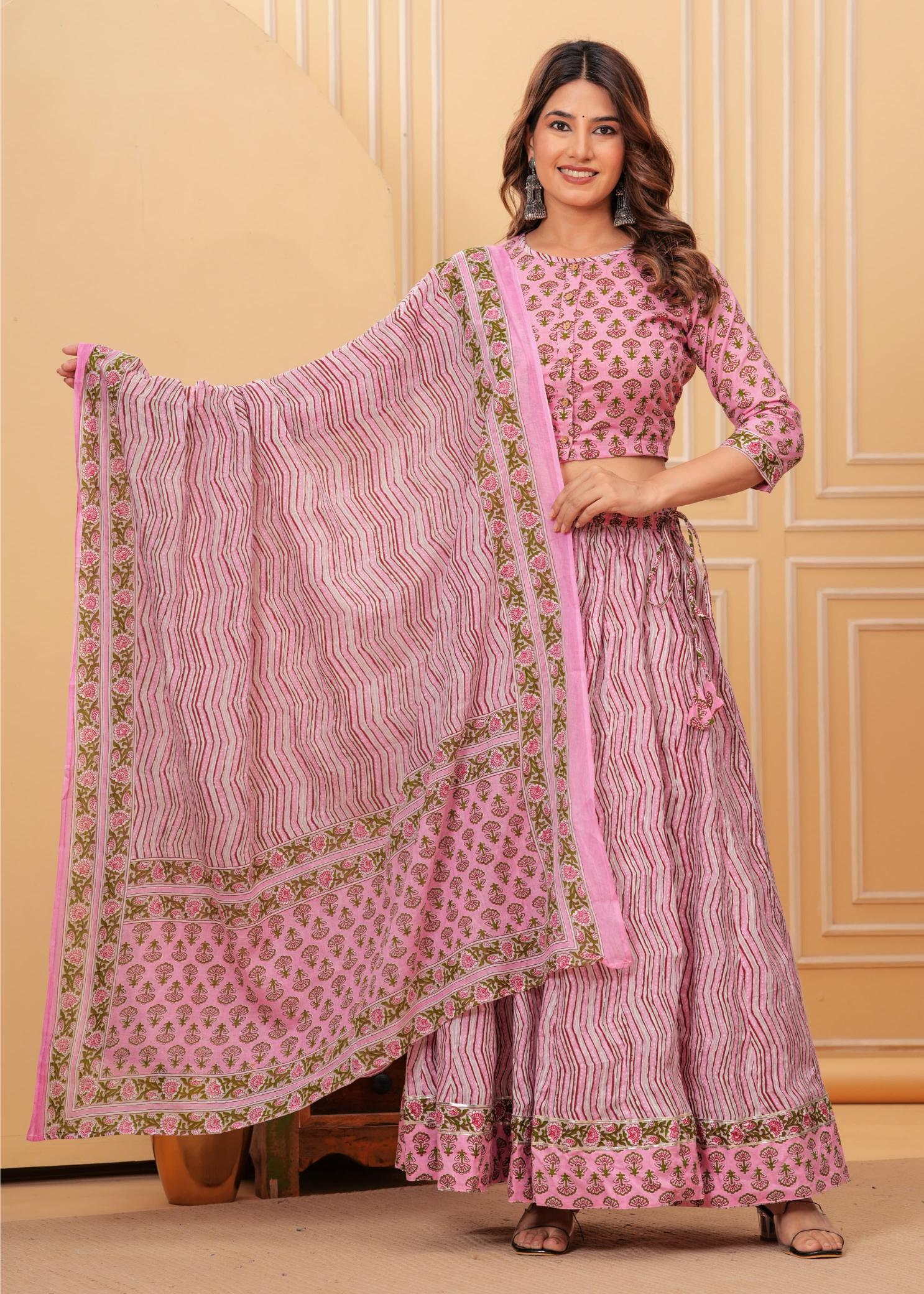 Pink Lehenga Set, pink pastel Lehenga,  Navratri Lehenga sets, Navratra Lehenga, Ranga Chakra,  Pure cotton Lehenga, Festive Special Lehenga, Durga Puja Lehenga collection