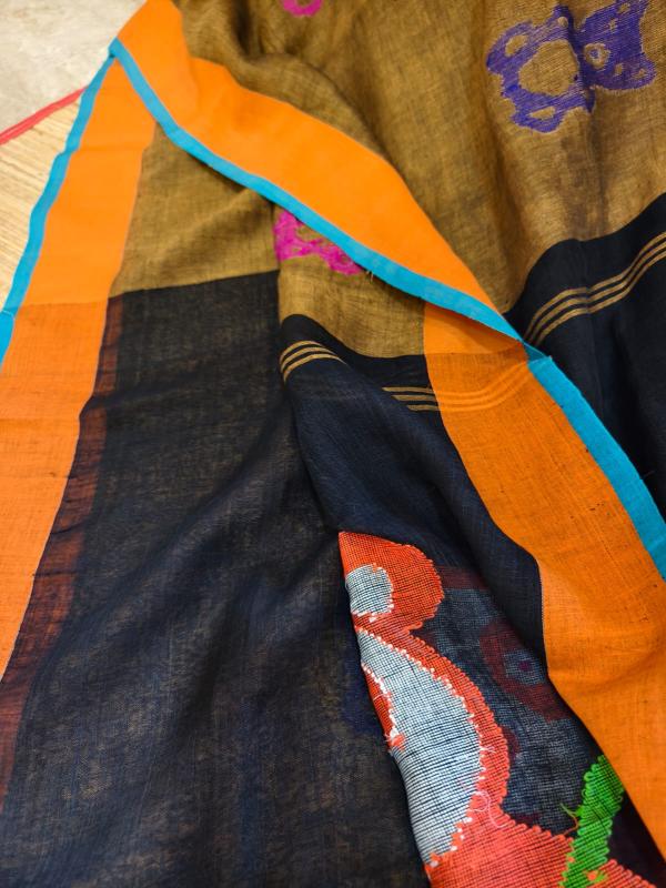 Quirky Teddy bear saree, Quirky Linen Saree, Teddy saree, Linen Jamdani Saree