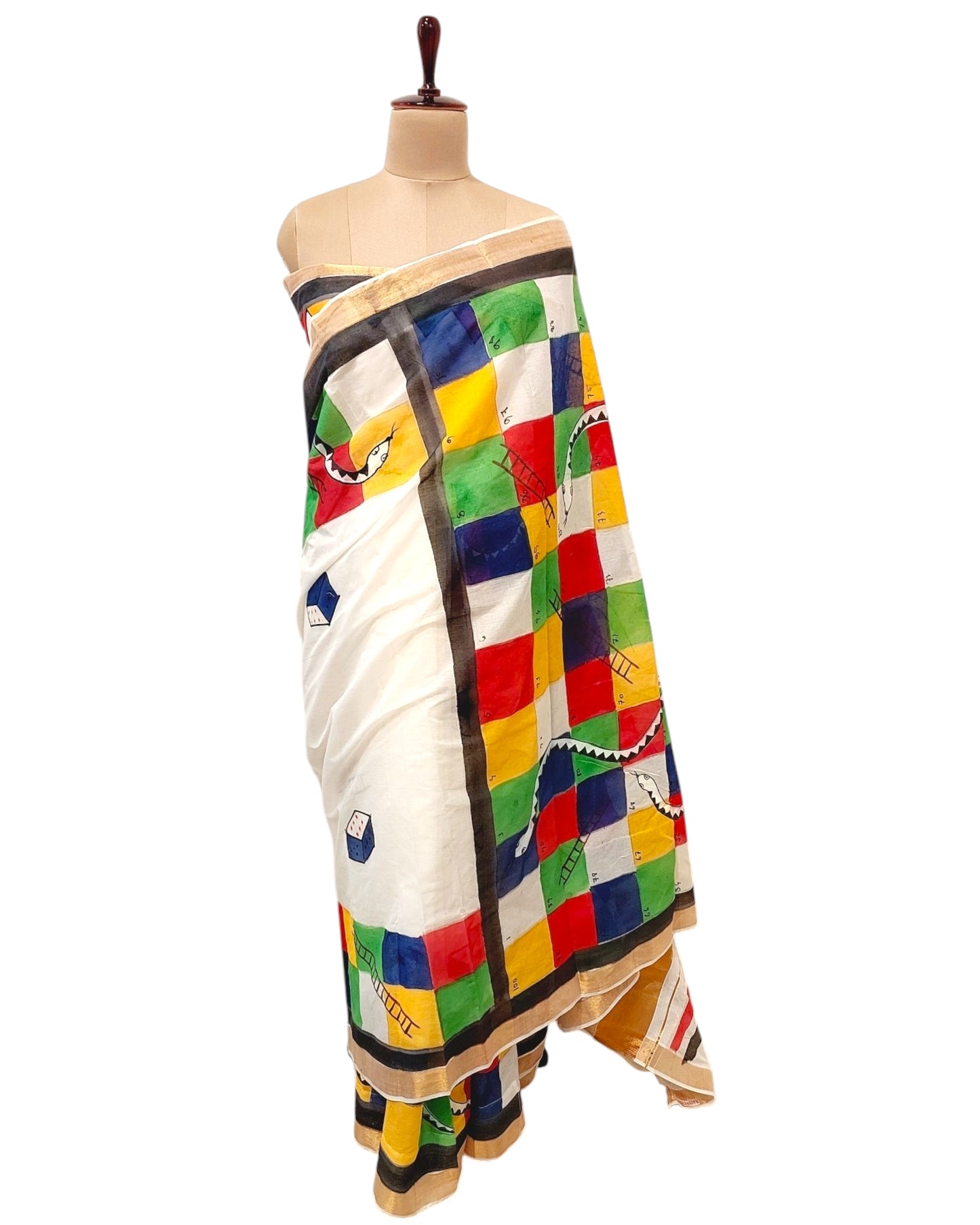 Snakes and ladder saree, Quirky Saree, Summer Sarees, Painted saree, Painting saree, Fabric Painting saree, Hand painted saree, Funky saree, Handmade Sarees, Concept Saree, Game painted saree