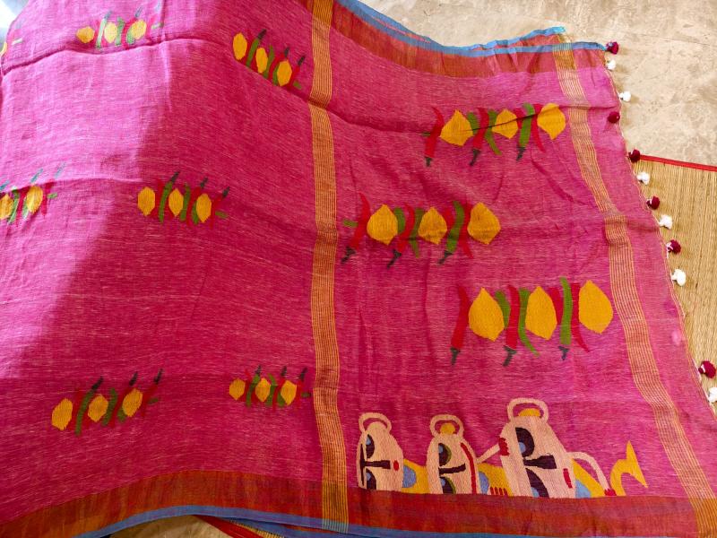 Quirky linen saree, ORGANIC linen Saree, Nimbu mirchi saree, Pink linen saree Linen jamdani saree