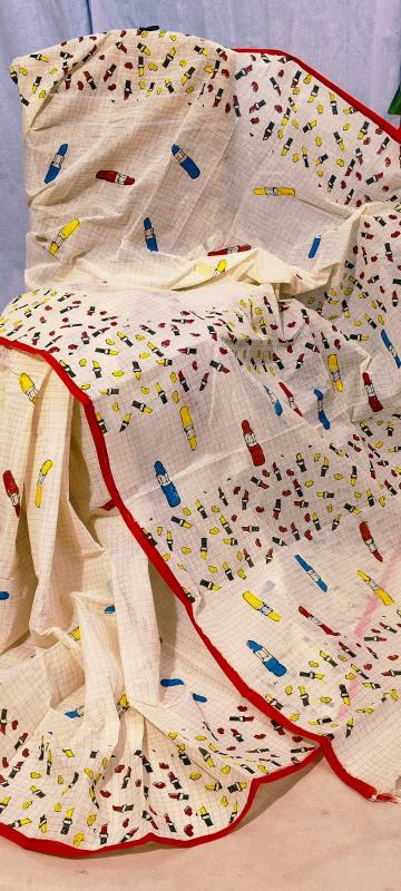 Quirky Saree, Lipstick Saree, Reshaam Kota saree, Resham Kota Printed saree