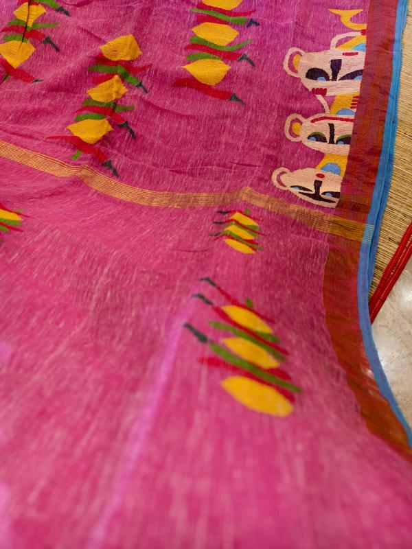 Quirky saree linen, ORGANIC linen Saree, Nimbu mirchi saree, Pink linen saree Linen jamdani saree