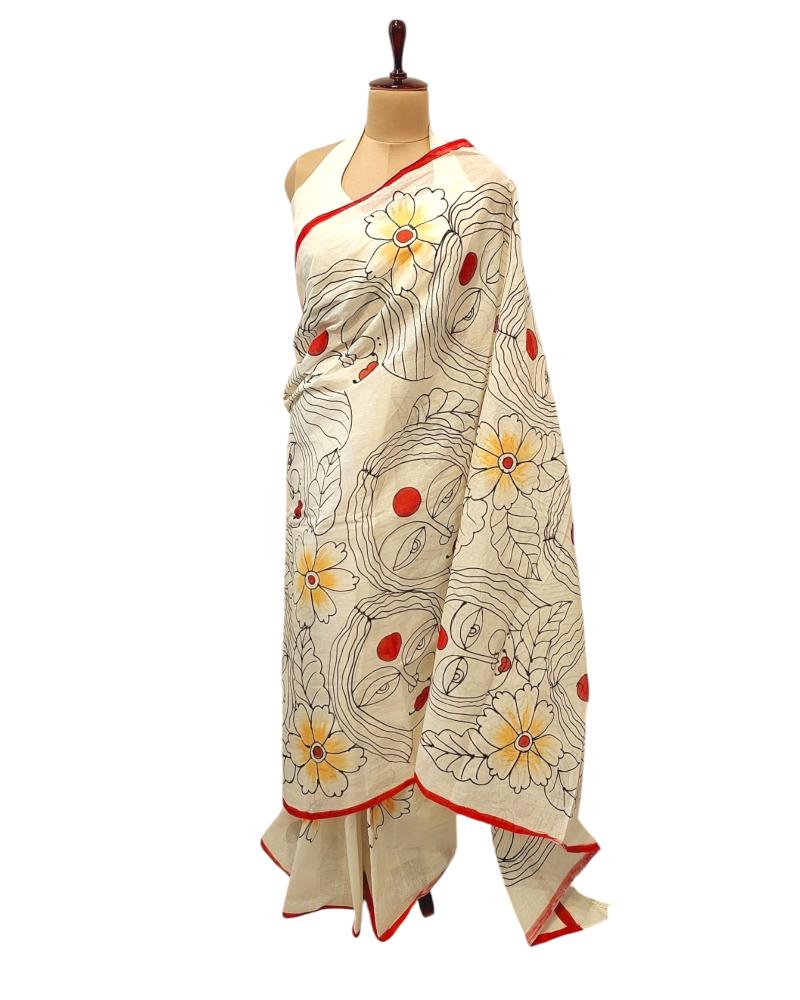 Summer Cotton Saree, Quirky Sarees, Minimalist Face saree, Cotton Sarees, Painted saree, Painting saree, Off white saree, summer white saree