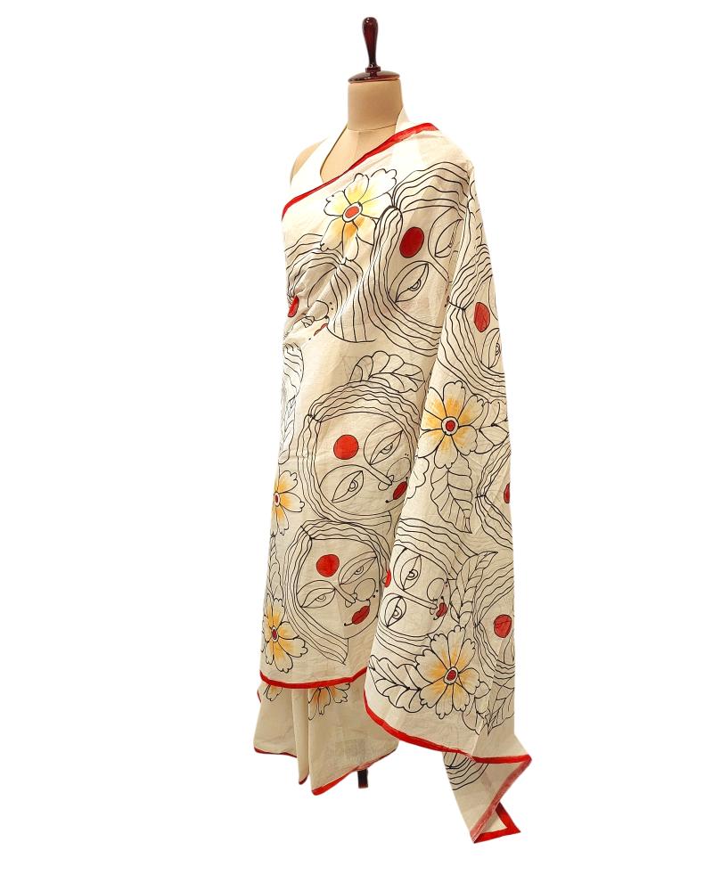 Summer Cotton Saree, Quirky Sarees, Minimalist Face saree, Cotton Sarees, Painted saree, Painting saree, Off white saree, summer white saree