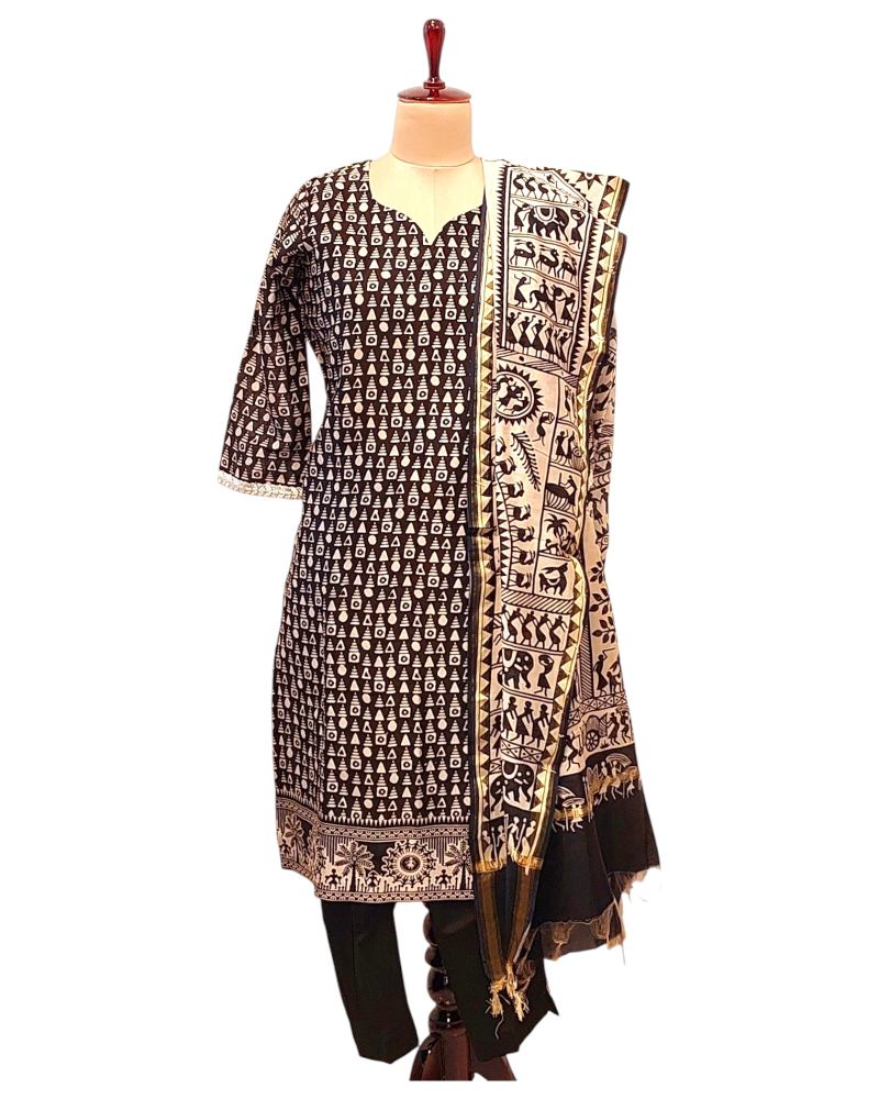 Ranga Chakra Black Maheshwari Silk Suit warli Dupptta