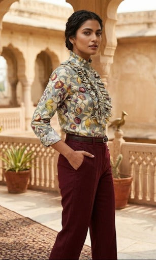 Vintage Elegance: Botanical Ruffle Silk Shirt