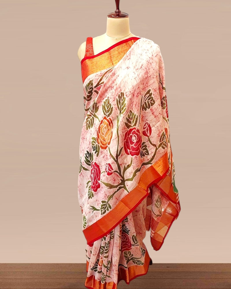 Sindur Khela Hand painted batik Saree, Handpainted Batik Rose saree,Sindoor Khela Saree, Durga Pujo Sarees, Sada Laal Saree, Red and White Sarees, Durga Puja Sarees, Painted sarees for durga puja, Batik Silk Sarees, Chanderi silk saree, Rose Batik silk Saree