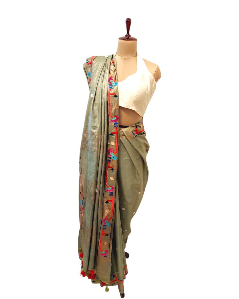 Tussar Silk sarees with Embroidery work, Tussar Silk saree, Sage green saree, Pastel Tussar Silk saree, Paithani Embroidered Saree, Zari Tussar Silk sarees, Tussar silk, Handwoven Saree, sarees