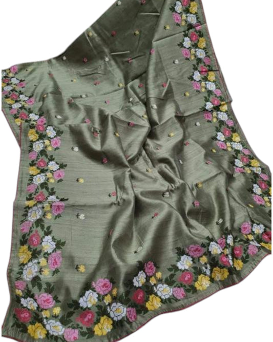 Sage Green Tussar Silk Hand Embroidered saree , Indian Wedding Silk saree, Hand Embroidered saree, Handmade saree, Tussar silk saree,  Tussar Floral Embroidered saree, Floral embroidered saree