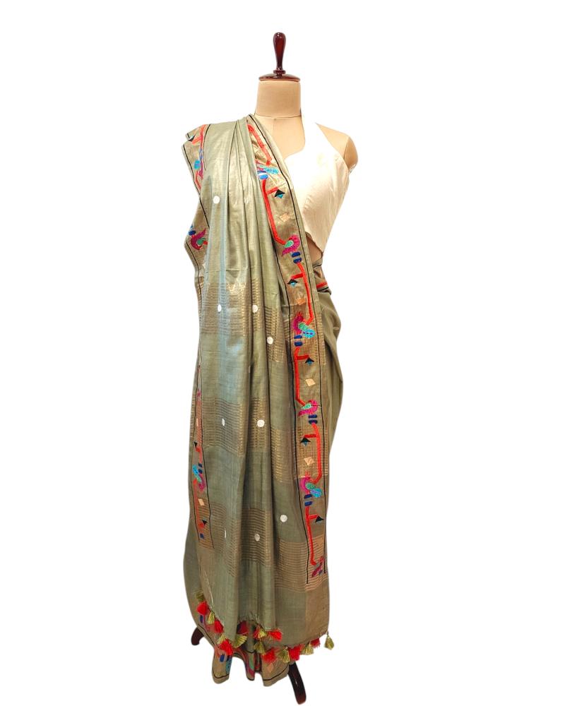 Tussar Silk sarees with Embroidery work, Tussar Silk saree, Sage green saree, Pastel Tussar Silk saree, Paithani Embroidered Saree, Zari Tussar Silk sarees, Tussar silk, Handwoven Saree, sarees