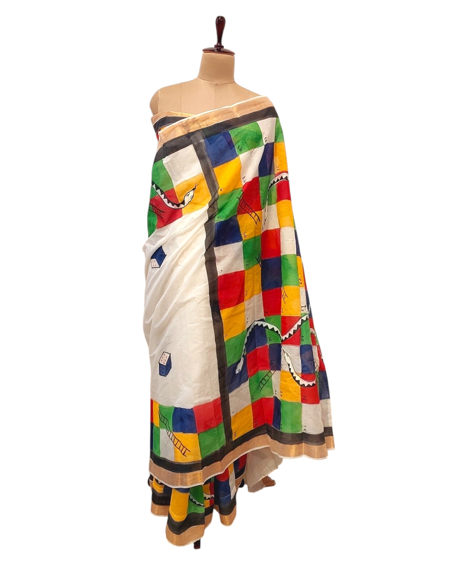 Snakes and ladder saree, Quirky Saree, Summer Sarees, Painted saree, Painting saree, Fabric Painting saree, Hand painted saree, Funky saree, Handmade Sarees, Concept Saree, Game painted saree