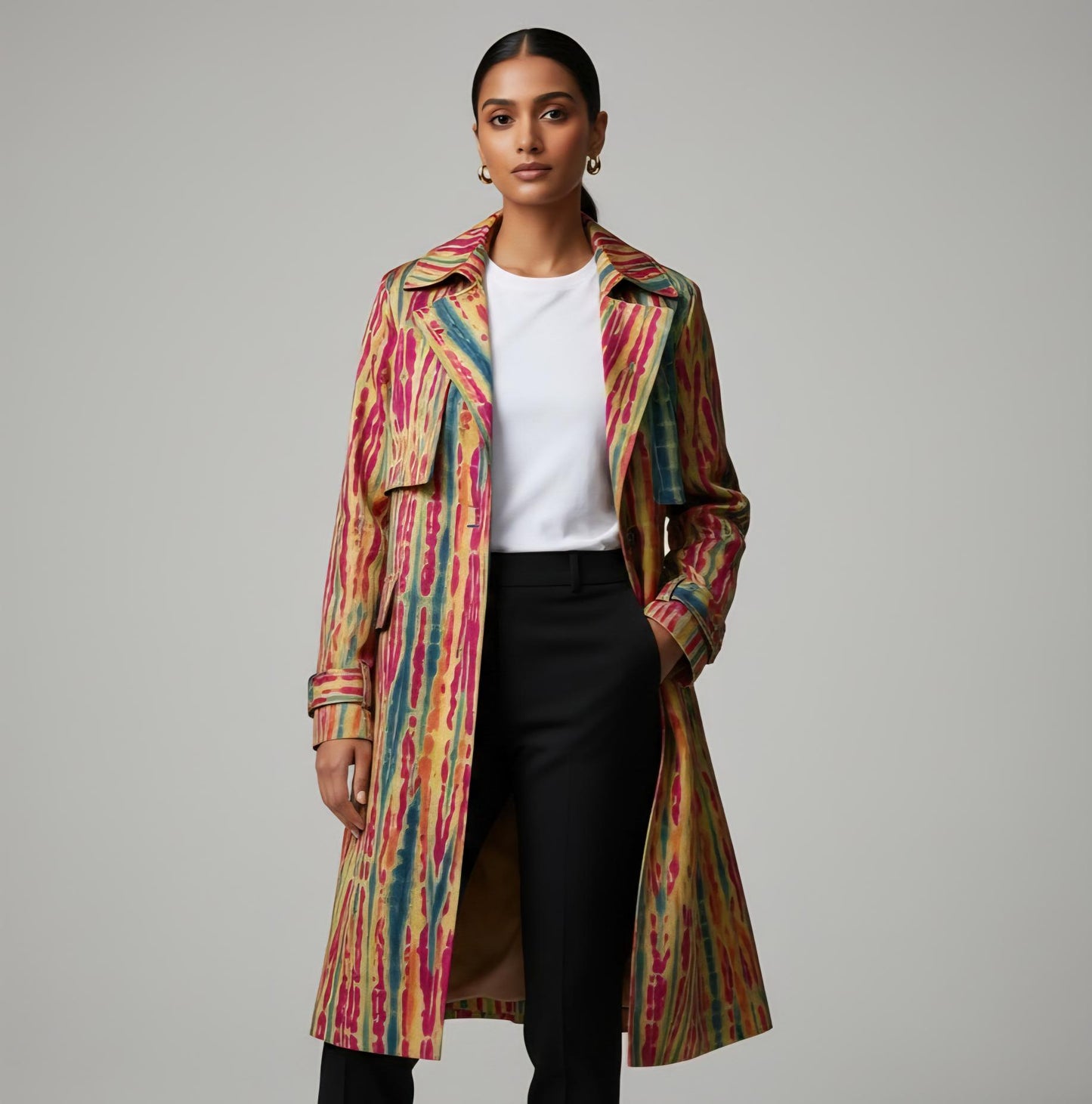 Shop Ranga Chakra's unique Shibori Trench Coat featuring a stunning hand-dyed lime green and indigo pattern. A luxury statement coat that defines artisan style. Limited stock.