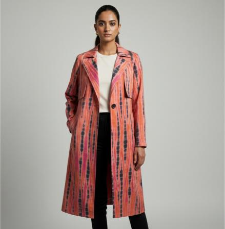 Shop Ranga Chakra's unique Shibori Trench Coat featuring a stunning hand-dyed lime green and indigo pattern. A luxury statement coat that defines artisan style. Limited stock.