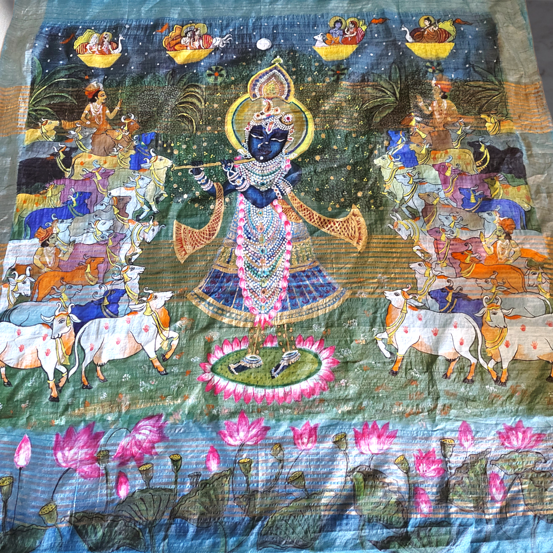 Pichwai saree, Pichwai Tussar Silk Hand painted Saree, Handpainted Pichwai cow tussar Silk Saree tussar Silk Saree , Hand painted Pichwai Silk Saree, Blue Hand Painted Tussar Silk Saree, Hand painted pichwai cow Silk Saree tussar Silk Saree ,Hand painted Silk Saree,blue Mulberry  silk saree,hand painted pichwai sarees, Pichwai Silk sarees, Shree krishna Painted saree, Krishna Painted saree