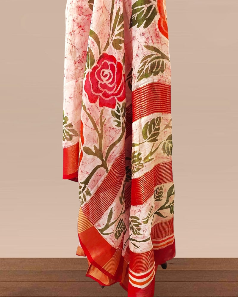 Sindur Khela Hand painted batik Saree, Handpainted Batik Rose saree,Sindoor Khela Saree, Durga Pujo Sarees, Sada Laal Saree, Red and White Sarees, Durga Puja Sarees, Painted sarees for durga puja, Batik Silk Sarees, Chanderi silk saree, Rose Batik silk Saree
