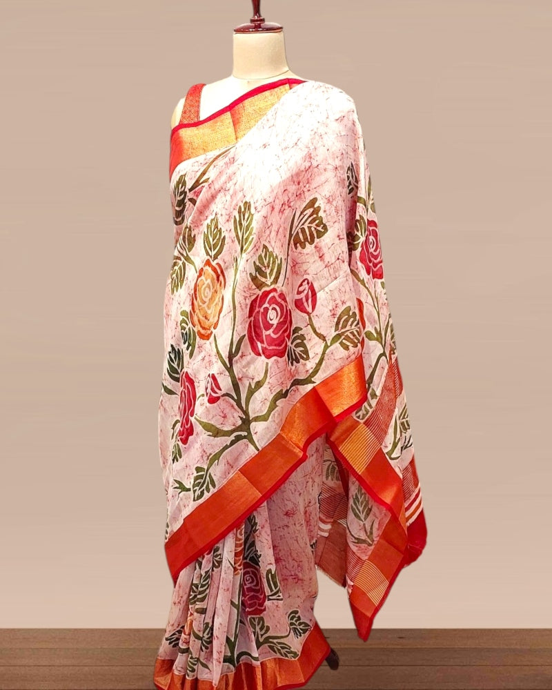 Sindur Khela Hand painted batik Saree, Handpainted Batik Rose saree,Sindoor Khela Saree, Durga Pujo Sarees, Sada Laal Saree, Red and White Sarees, Durga Puja Sarees, Painted sarees for durga puja, Batik Silk Sarees, Chanderi silk saree, Rose Batik silk Saree
