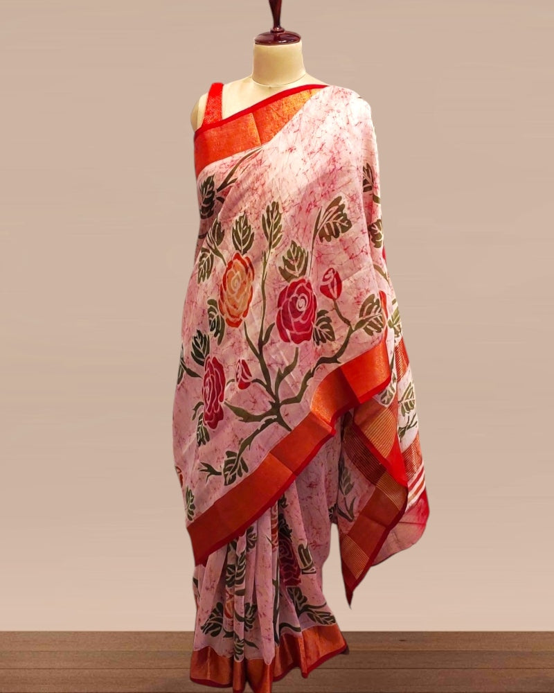 Sindur Khela Hand painted batik Saree, Handpainted Batik Rose saree,Sindoor Khela Saree, Durga Pujo Sarees, Sada Laal Saree, Red and White Sarees, Durga Puja Sarees, Painted sarees for durga puja, Batik Silk Sarees, Chanderi silk saree, Rose Batik silk Saree