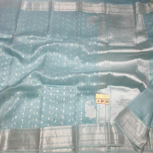 Powder blue Saree, Organza Silk Saree, handloom saree, Organza saree, Sky Blue Organza Silk saree