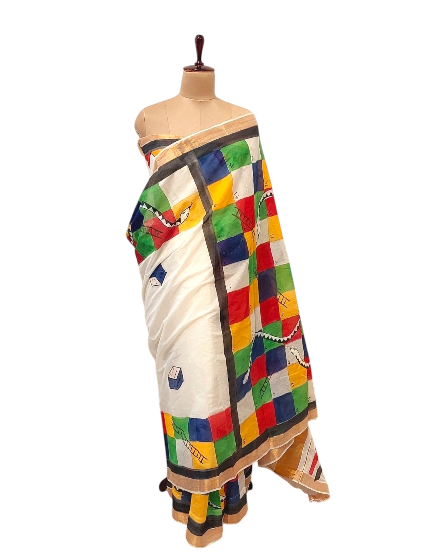 Snakes and ladder saree, Quirky Saree, Summer Sarees, Painted saree, Painting saree, Fabric Painting saree, Hand painted saree, Funky saree, Handmade Sarees, Concept Saree, Game painted saree