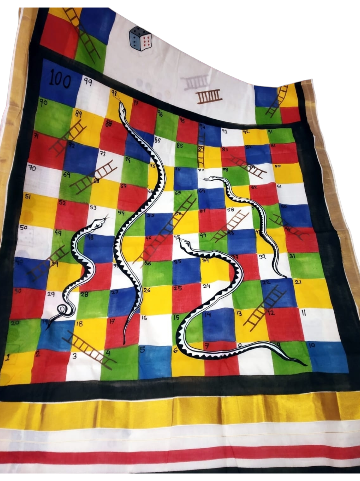 Snakes and ladder saree, Snakes saree, Quirky Saree, Summer Sarees, Painted saree, Painting saree, Fabric Painting saree, Hand painted saree, Funky saree, Handmade Sarees, Concept Saree, Game painted saree