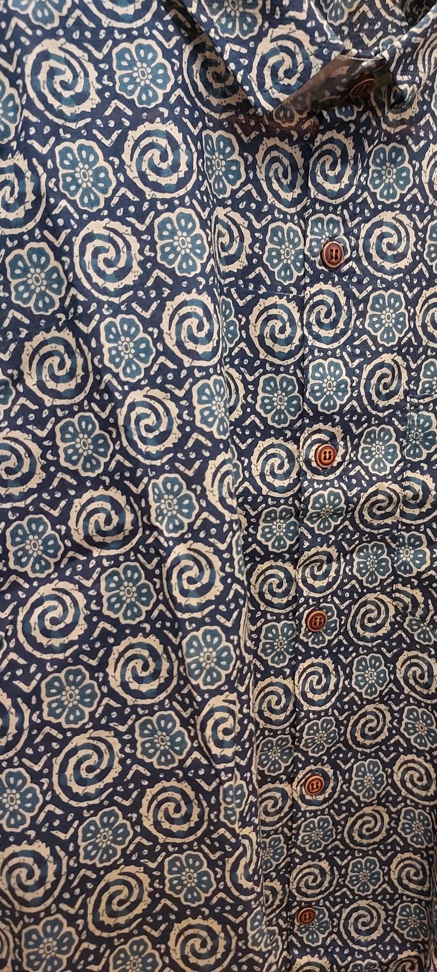Indigo Cotton Mens Slim fit Shirt, Mul Mul Cotton Mens shirt, Mens Block Printed shirt, Slim Fit Shirts, Beach wear Mens shirt, abstract print mens shirt, flower shirt , lotus print on shirt, blue Block print Shirt, Indigo Spiral wave abstract Shirt, Spiral Design shirt, Spiral Wave shirt