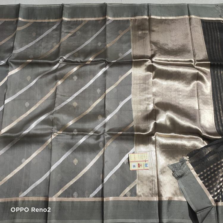 Organza Silk saree, Grey Organza Silk saree, Striped Organza silk saree, Raw mango