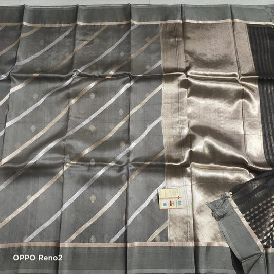 Organza Silk saree, Grey Organza Silk saree, Striped Organza silk saree, Raw mango