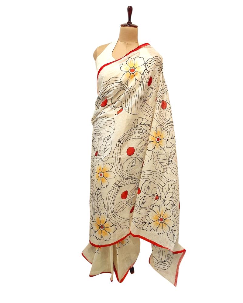 Summer Cotton Saree, Quirky Sarees, Minimalist Face saree, Cotton Sarees, Painted saree, Painting saree, Off white saree, summer white saree