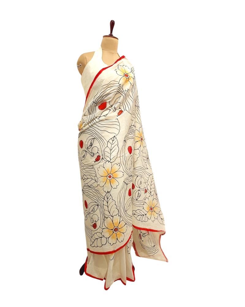 Summer Cotton Saree, Quirky Sarees, Minimalist Face saree, Cotton Sarees, Painted saree, Painting saree, Off white saree, summer white saree
