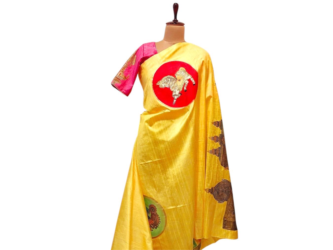 Yellow Raw Silk Saree,Indian handmade Bridal saree,Hand painted saree,Tanjore Silk saree,Tanjore Style Painted blouse,Tanjore Parrots Hand painting Saree,Tanjore Peacock,Tanjore Elephant, Tanjore Horse, painted sarees, hand painting sarees, painting sarees online, hand painted floral sarees, painting saree, floral hand painted saree, painted saree, designer hand painted sarees, hand painted sarees india, hand painted silk sarees