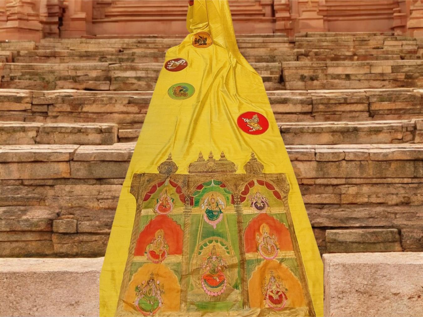 Yellow Raw Silk Saree,Indian handmade Bridal saree,Hand painted saree,Tanjore Silk saree,Party Wear,Tanjore Style Painted blouse,Tanjore Parrots Hand painting Saree,Tanjore Peacock,Tanjore Elephant, Tanjore Horse, painted sarees, hand painting sarees, painting sarees online, hand painted floral sarees, painting saree, floral hand painted saree, painted saree, designer hand painted sarees, hand painted sarees india, hand painted silk sarees