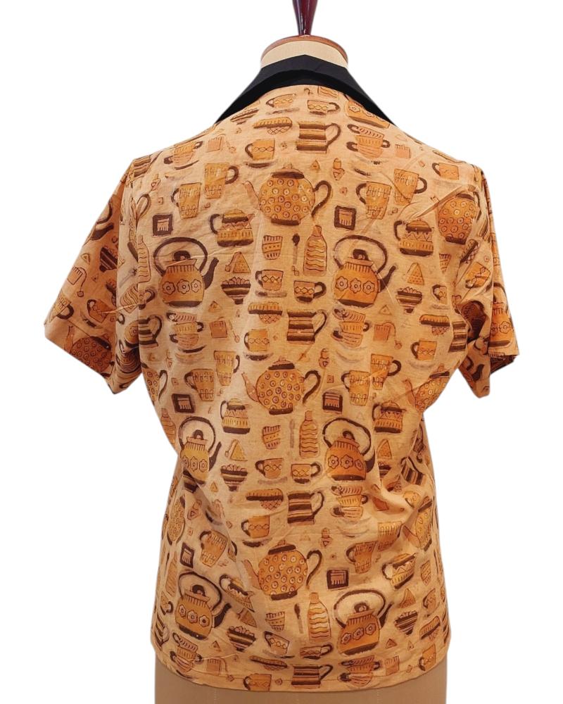 Natural Dye Organic Cotton Shirt Tea pot design, Earthy Shirt, Casual Women's shirt, Wabi Sabi Shirt, Pure Cotton Shirts, Cuban Collared Shirt, Unique Print Shirt