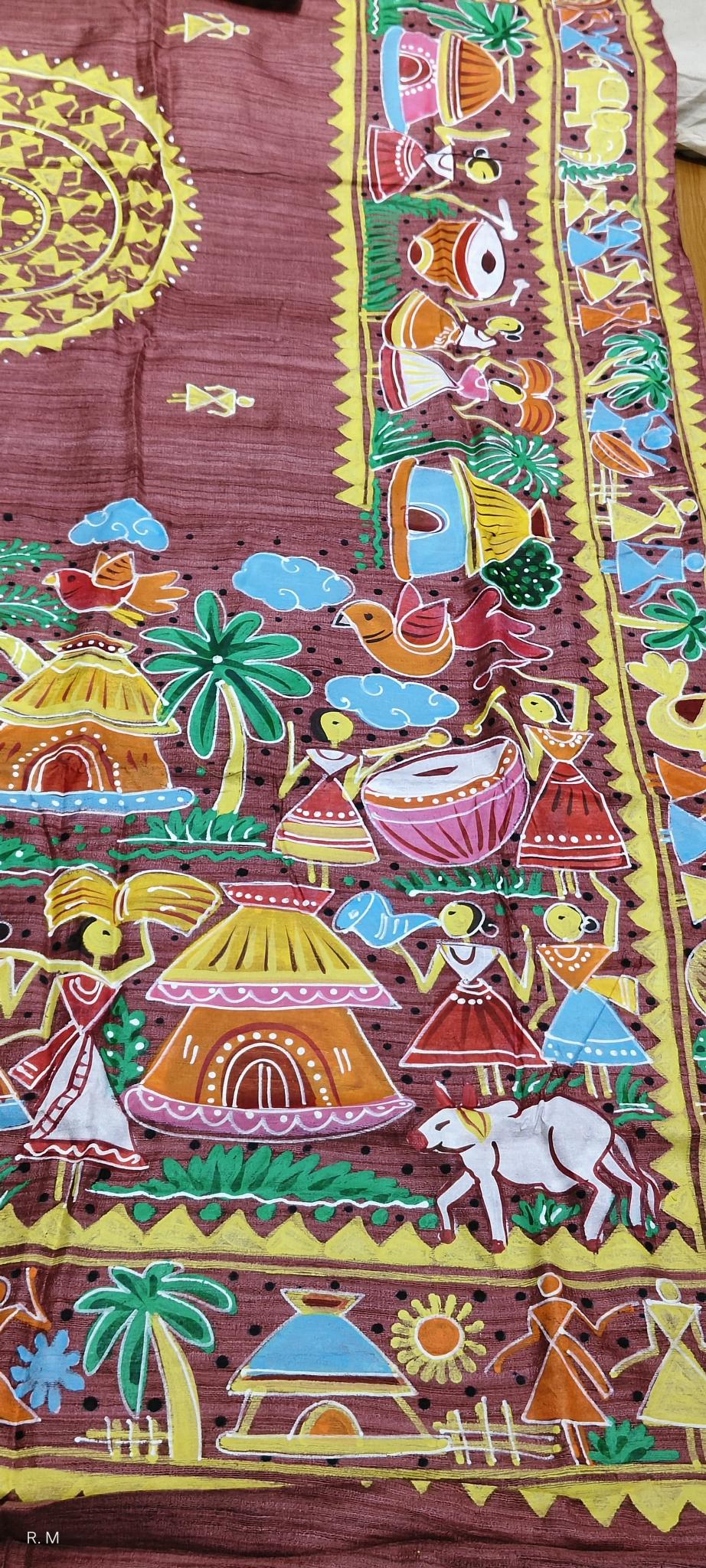 Warli Painting Tussar Silk Saree, Painted sarees, Warli Folk Painting saree, Warli Art sarees, Pure Silk saree, Saree for women,  party wear saree, Printed saree, Handloom saree, Sari, designer saree, saree collection, saree shop near me, Bridal saree, soft silk saree