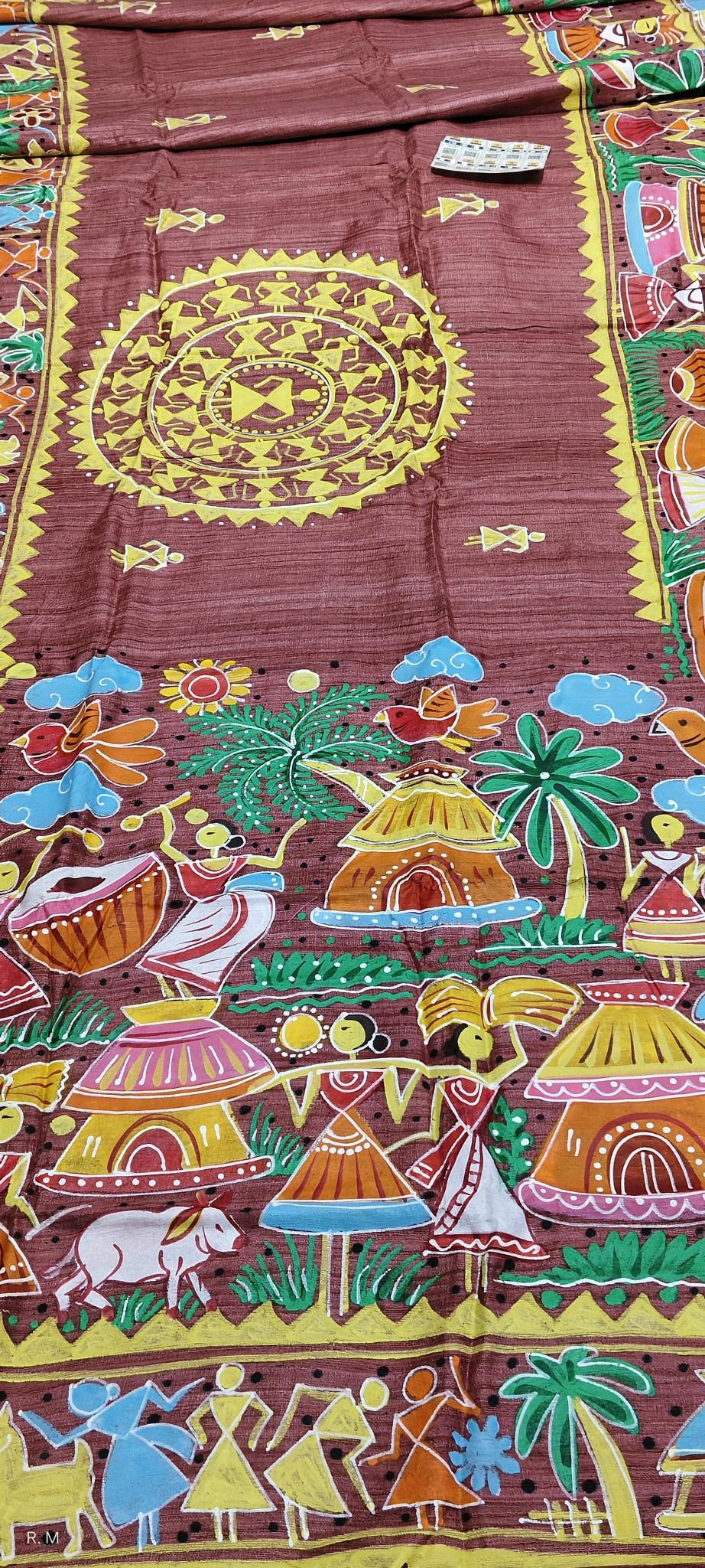 Warli Painting Tussar Silk Saree, Painted sarees, Warli Folk Painting saree, Warli Art sarees, Pure Silk saree, Saree for women, party wear saree, Printed saree, Handloom saree, Sari, designer saree, saree collection, saree shop near me, Bridal saree, soft silk saree